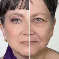 Vorher-Nachher-Vergleich: Ein Gesicht mit und ohne Make-up, das extreme Schlupflider zeigt.