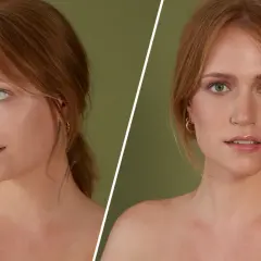 Zwei Porträts einer Frau mit roten Haaren und grünen Augen. Sie trägt keinen Make-up-Look, nur dezente Ohrringe.