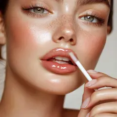 Glänzende Lippen durch das Auftragen von Gloss. Ein Hauch von Rouge und Sommersprossen verleihen dem Gesicht jugendlichen Charme. Perfekt für das Lippen schminken.