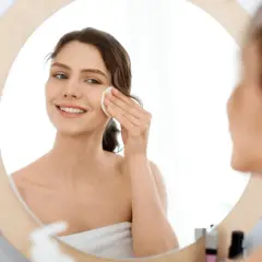 Lächelnde Frau reinigt ihr Gesicht mit einem Wattepad. Sie nutzt die Kraft von Retinol gegen Akne für reine Haut.