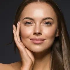 Frau mit makelloser Haut und sanftem Lächeln, inspiriert von einem Make-up-Tutorial.