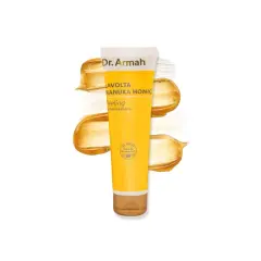 Dr. Armah Manuka Honig Peeling für ein strahlendes Gesicht. Goldene Honig-Textur um die Tube.