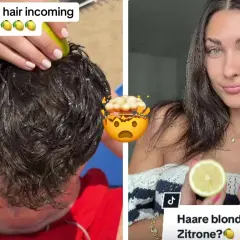 Vorher-Nachher-Vergleich: Dunkle Haare werden mit Zitronensaft aufgehellt.