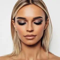 Glamouröses Augen Make-up mit schimmernden Lidschatten und vollen Wimpern. Ein atemberaubender Look, der Blicke auf sich zieht.