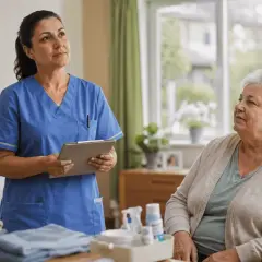 Pflegekraft mit Klemmbrett spricht mit älterer Frau. Auf dem Tisch liegen gefaltete Kleidung und Medikamente, die nicht komedogen sind.