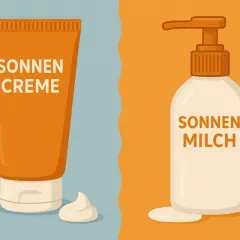 Gegenüberstellung: Sonnencreme in Tube mit Klecks und Sonnenmilch im Pumpspender. Der Unterschied zwischen Sonnencreme und Sonnenmilch wird visuell erklärt.