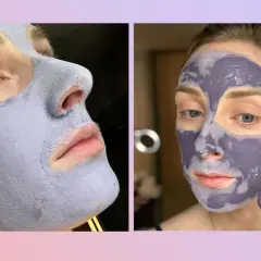 Zwei Nahaufnahmen einer Frau mit einer lilafarbenen Tonerde-Maske im Gesicht. Die Maske verspricht eine reinigende Wirkung.