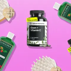 Produkte für gesunden Haarwachstum: Logona Age Energy Shampoo und Eisen + Vitamin C Kapseln. Eine plastikfreie Bürste unterstützt die Pflege.