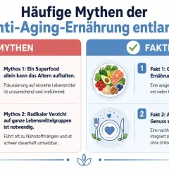 Infografik entlarvt Mythen der Anti-Aging-Ernährung. Fakten betonen ausgewogene Ernährung und Genuss statt Verzicht, um wichtige anti aging wirkstoffe aufzunehmen.