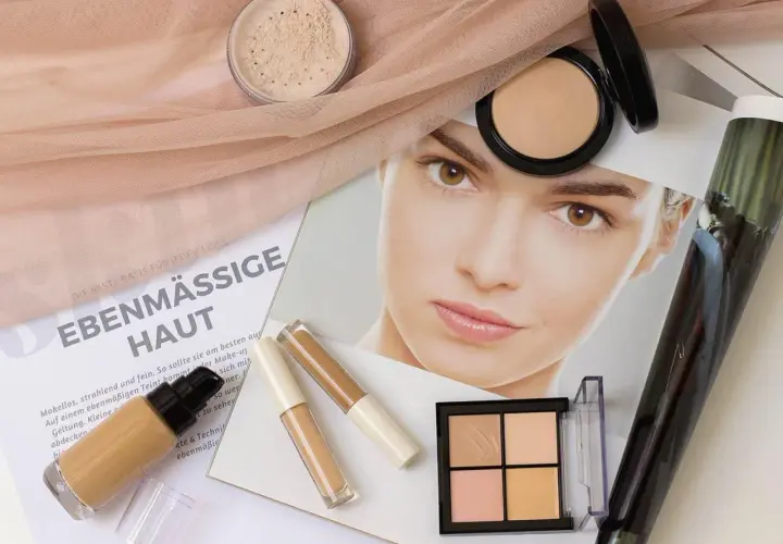 Make-up für ebenmäßige Haut: Foundation, Concealer, Puder und eine Palette für Kontur und Highlight.