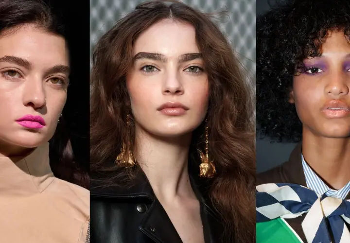 Drei Models mit auffälligem 90s makeup: knalliger Lippenstift, voluminöse Haare und glänzende Lippen.