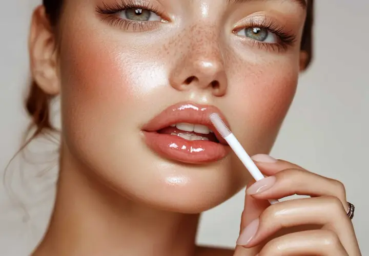 Glänzende Lippen durch das Auftragen von Gloss. Ein Hauch von Rouge und Sommersprossen verleihen dem Gesicht jugendlichen Charme. Perfekt für das Lippen schminken.
