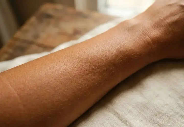Gebräunte Haut am Unterarm, die Frage "wie lange bleibt man braun" beschäftigt viele nach dem Sommer.