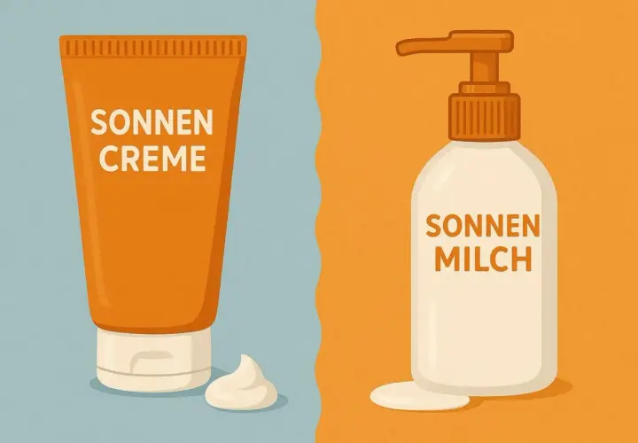 Gegenüberstellung: Sonnencreme in Tube mit Klecks und Sonnenmilch im Pumpspender. Der Unterschied zwischen Sonnencreme und Sonnenmilch wird visuell erklärt.
