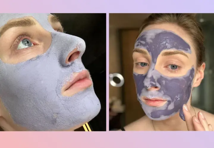 Zwei Nahaufnahmen einer Frau mit einer lilafarbenen Tonerde-Maske im Gesicht. Die Maske verspricht eine reinigende Wirkung.