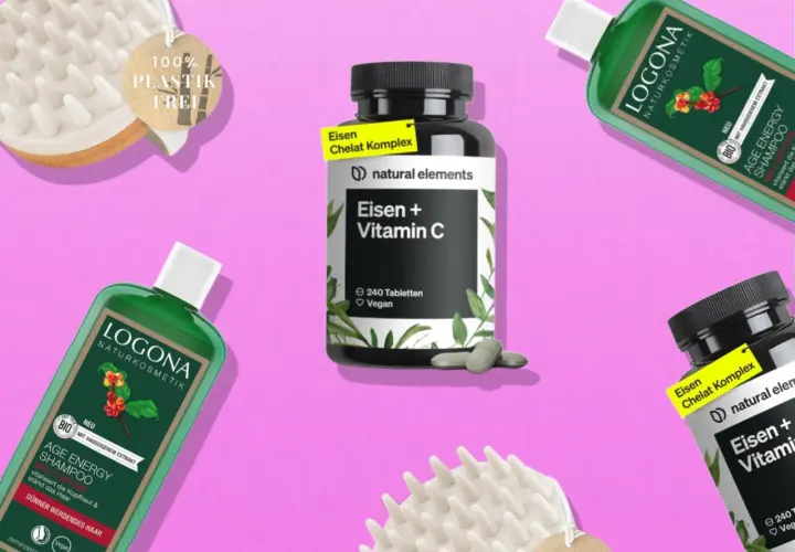 Produkte für gesunden Haarwachstum: Logona Age Energy Shampoo und Eisen + Vitamin C Kapseln. Eine plastikfreie Bürste unterstützt die Pflege.
