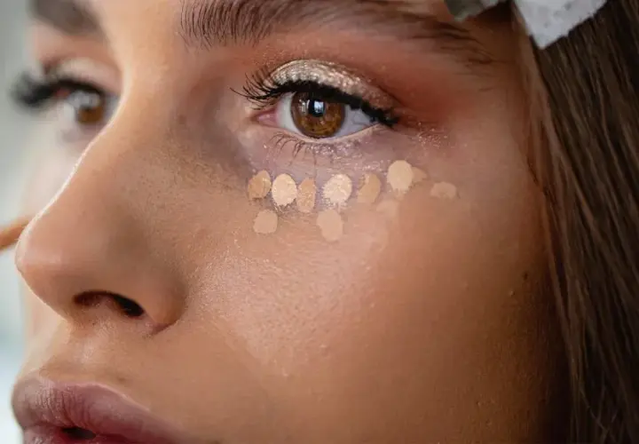 Kleine Tupfer von hellem Concealer unter dem Auge, um zu zeigen, was ein Concealer ist und wie er kleine Makel abdeckt.