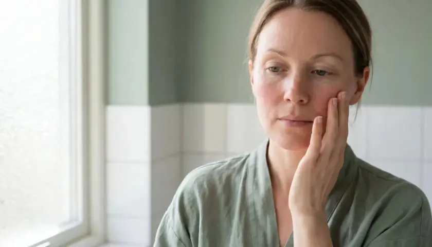 Frau mit geröteten Wangen, die sich sanft ins Gesicht fasst. Sie sucht nach einer Lösung für ihre Rosacea, vielleicht mit Sonnenschutz.