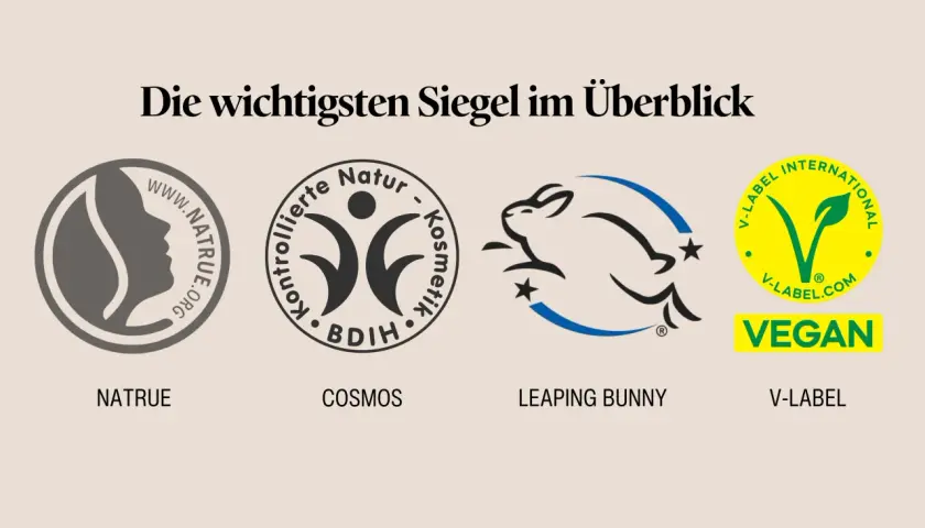 Siegel für Naturkosmetik: NATRUE, COSMOS, Leaping Bunny, V-Label. Sie zeigen, was ist naturkosmetik.