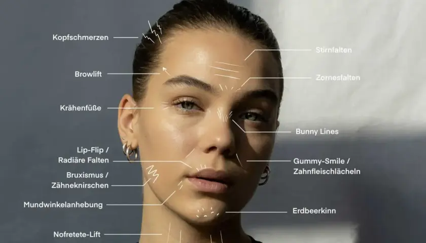 Botox-Behandlungen gegen Zornesfalten, Stirnfalten und Krähenfüße. Auch für Lippenlifting, Mundwinkelanhebung und mehr.