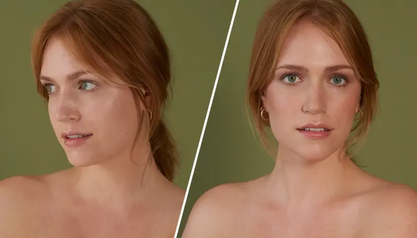 Zwei Porträts einer Frau mit roten Haaren und grünen Augen. Sie trägt keinen Make-up-Look, nur dezente Ohrringe.