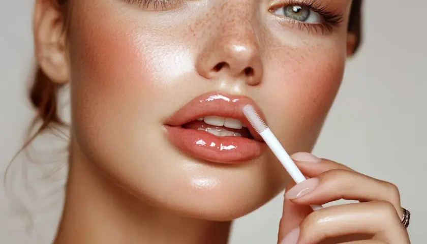 Glänzende Lippen durch das Auftragen von Gloss. Ein Hauch von Rouge und Sommersprossen verleihen dem Gesicht jugendlichen Charme. Perfekt für das Lippen schminken.