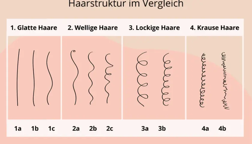 Vergleich von Haartypen: glatt, wellig, lockig und kraus. Hilft, den eigenen haartyp bestimmen.