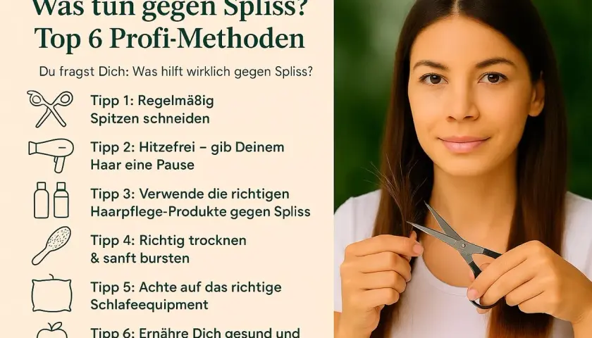 Frau schneidet sich die Spitzen, um Spliss zu bekämpfen. Die Liste zeigt 6 Profi-Methoden gegen Spliss.