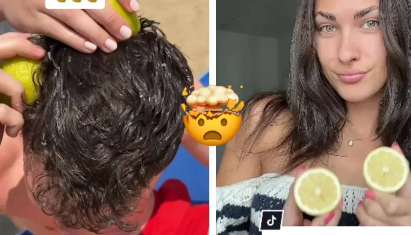 Vorher-Nachher-Vergleich: Dunkle Haare werden mit Zitronensaft aufgehellt.