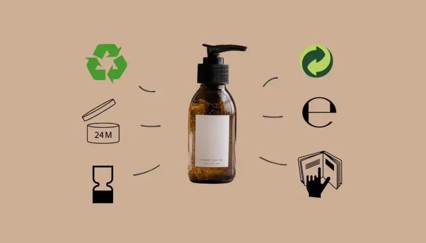 Braune Flasche mit Pumpspender, umgeben von Kosmetik Symbolen: Recycling, Haltbarkeit nach Öffnung (24M), E-Zeichen und Gebrauchsanweisung.