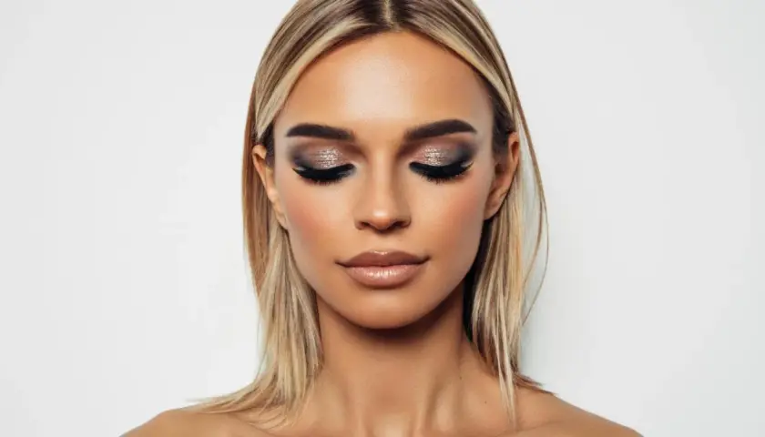 Glamouröses Augen Make-up mit schimmernden Lidschatten und vollen Wimpern. Ein atemberaubender Look, der Blicke auf sich zieht.
