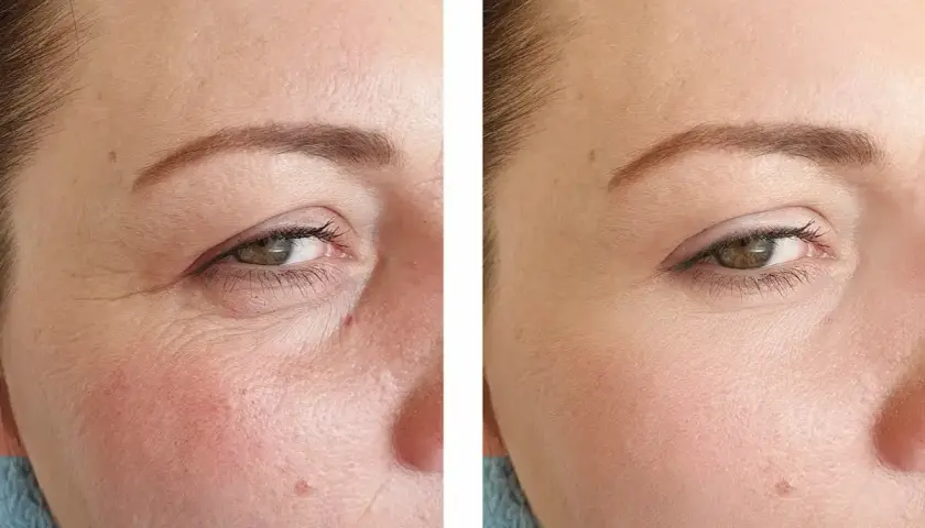 Vorher-Nachher-Vergleich: Faltenreduktion durch Vitamin C oder Retinol. Die Haut wirkt glatter und jugendlicher.