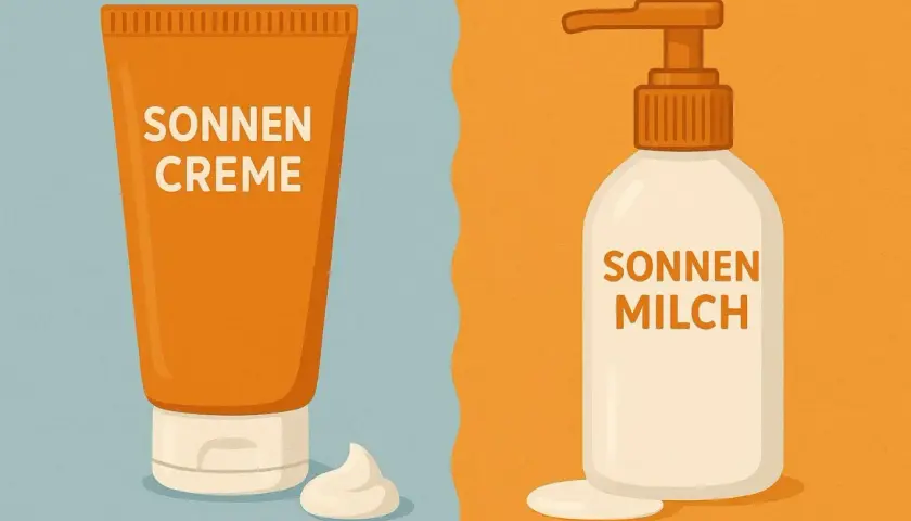 Gegenüberstellung: Sonnencreme in Tube mit Klecks und Sonnenmilch im Pumpspender. Der Unterschied zwischen Sonnencreme und Sonnenmilch wird visuell erklärt.