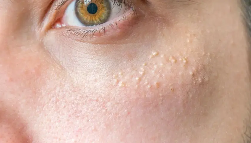 Nahaufnahme des Gesichts mit kleinen weißen Pickelchen, die sich auf der Haut am Kinn und unter dem Auge befinden.