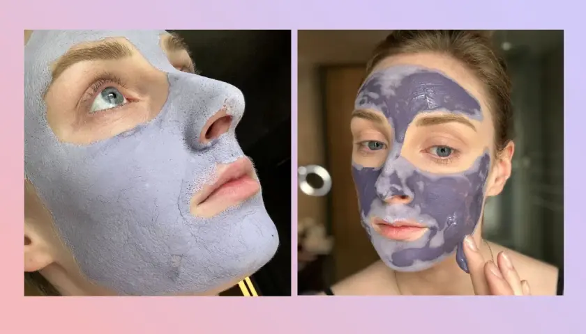Zwei Nahaufnahmen einer Frau mit einer lilafarbenen Tonerde-Maske im Gesicht. Die Maske verspricht eine reinigende Wirkung.