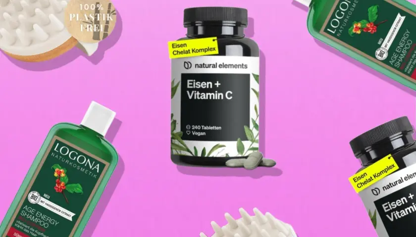Produkte für gesunden Haarwachstum: Logona Age Energy Shampoo und Eisen + Vitamin C Kapseln. Eine plastikfreie Bürste unterstützt die Pflege.