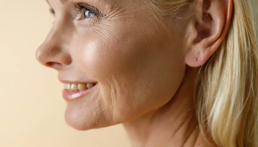 Profil einer lächelnden Frau mit sichtbaren Lachfalten um Mund und Augen. Ihr blondes Haar umrahmt ihr Gesicht.