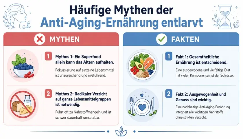 Infografik entlarvt Mythen der Anti-Aging-Ernährung. Fakten betonen ausgewogene Ernährung und Genuss statt Verzicht, um wichtige anti aging wirkstoffe aufzunehmen.