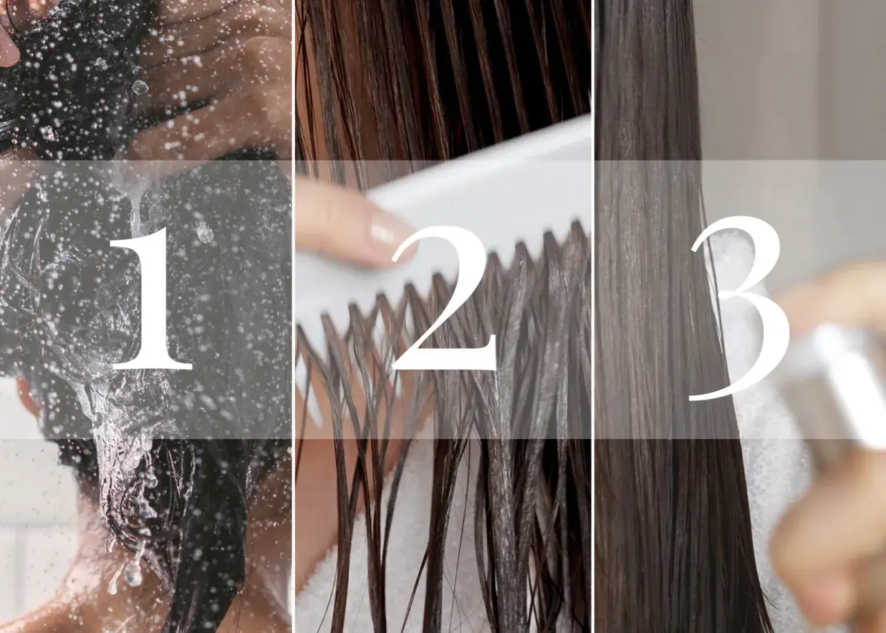 Schritt 1: Haare nass machen. Schritt 2: Haare kämmen. Schritt 3: Haarpflege-Spray auftragen. Deine tägliche hair care routine für gesundes Haar.
