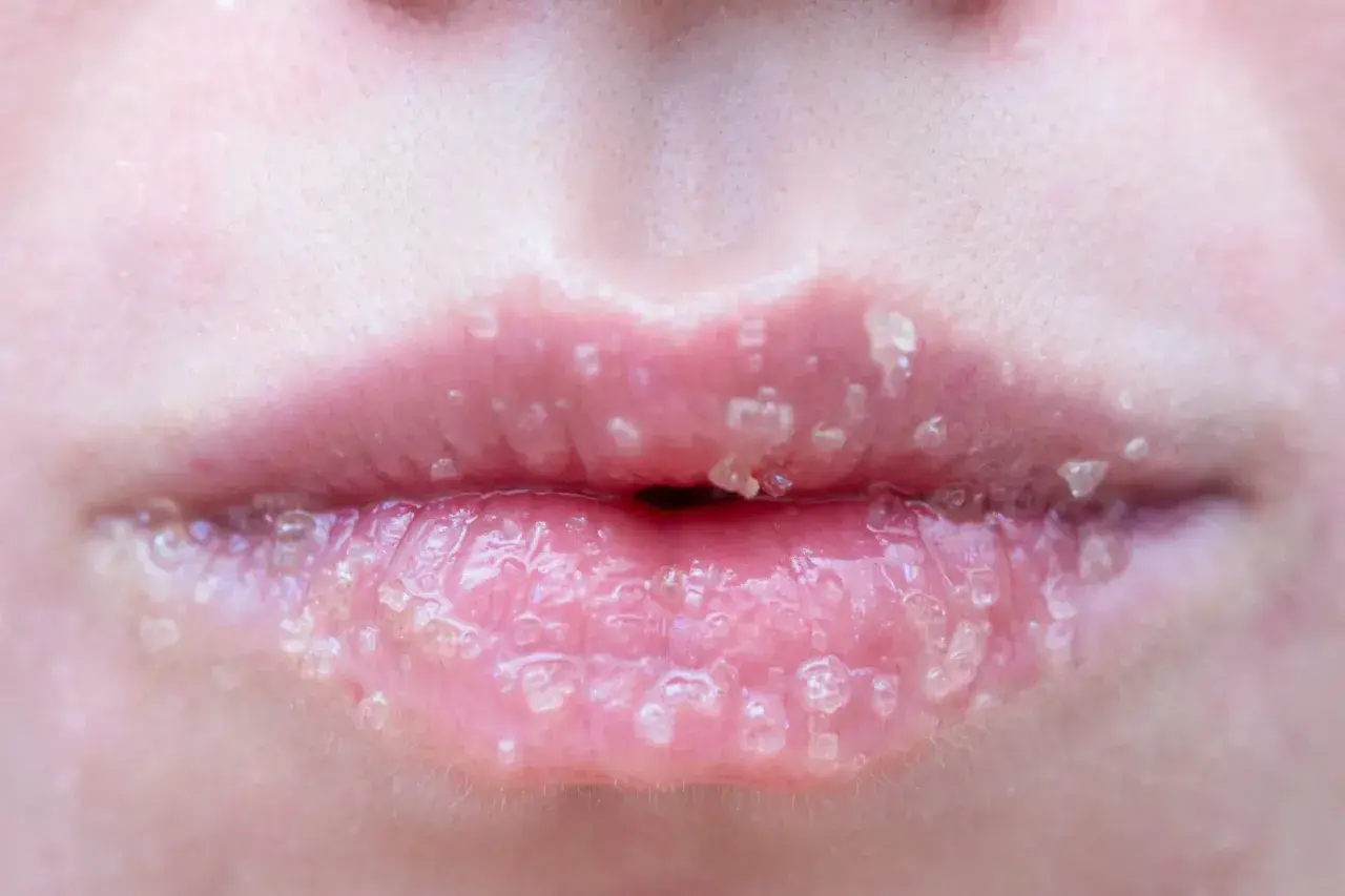 Nahaufnahme von zarten, rosafarbenen Lippen mit Zuckerkristallen, die auf empfindliche Lippen hinweisen, die eine Pflege benötigen.