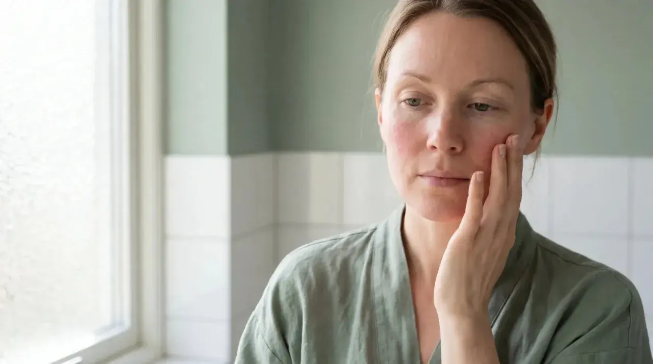 Frau mit geröteten Wangen, die sich sanft ins Gesicht fasst. Sie sucht nach einer Lösung für ihre Rosacea, vielleicht mit Sonnenschutz.