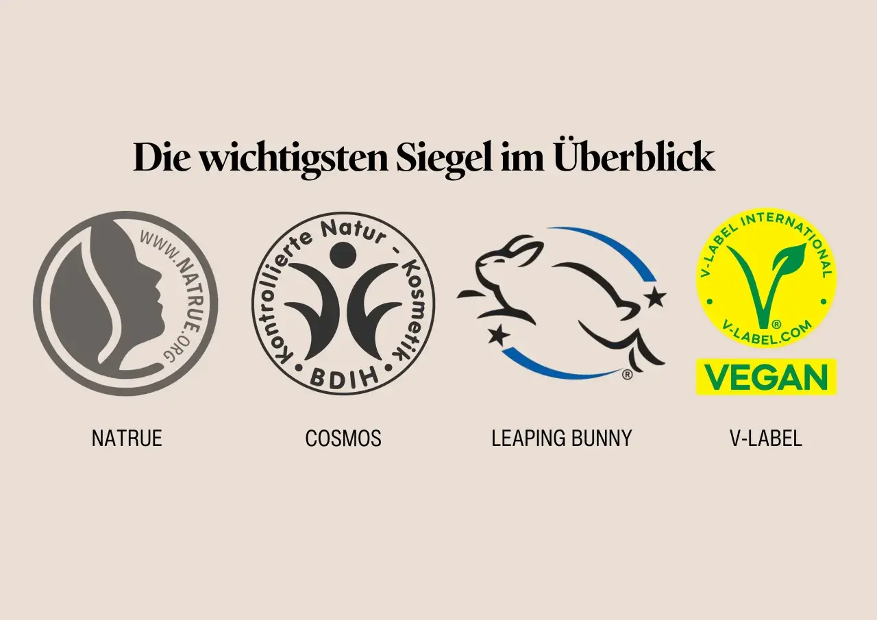 Siegel für Naturkosmetik: NATRUE, COSMOS, Leaping Bunny, V-Label. Sie zeigen, was ist naturkosmetik.