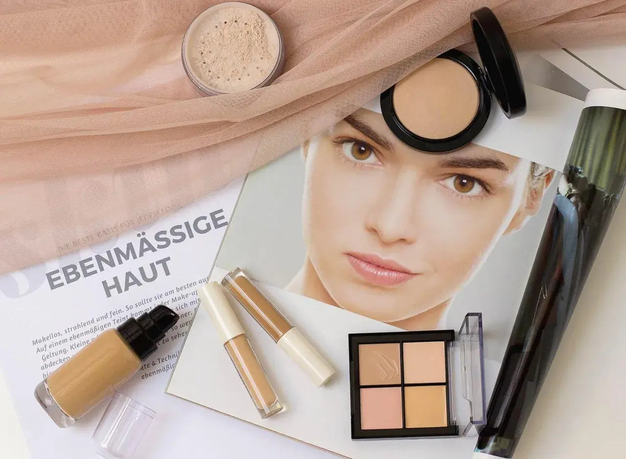 Make-up für ebenmäßige Haut: Foundation, Concealer, Puder und eine Palette für Kontur und Highlight.