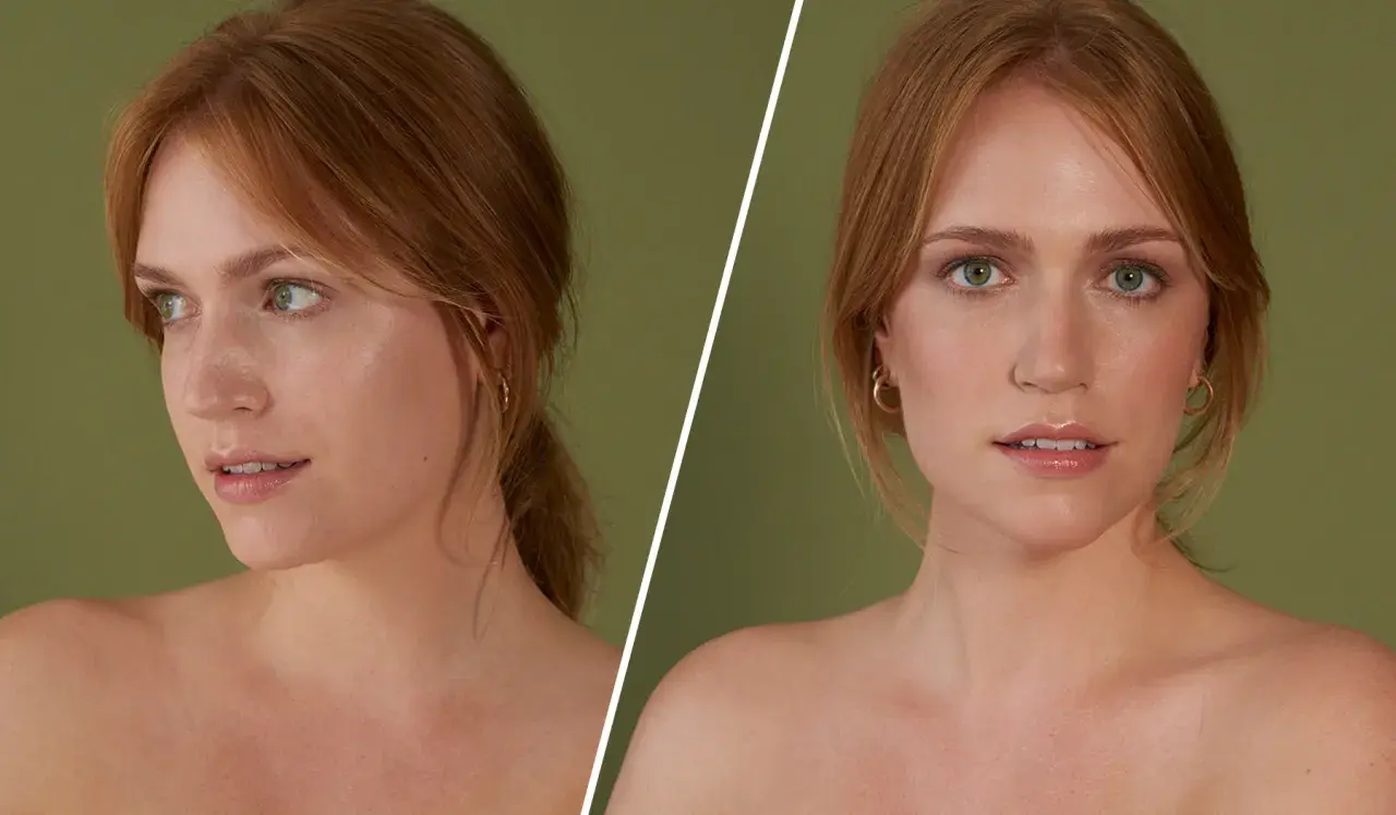 Zwei Porträts einer Frau mit roten Haaren und grünen Augen. Sie trägt keinen Make-up-Look, nur dezente Ohrringe.