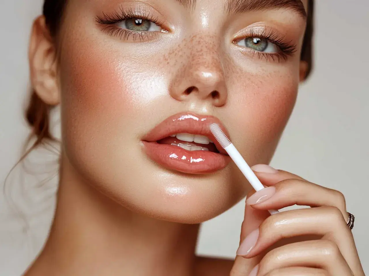 Glänzende Lippen durch das Auftragen von Gloss. Ein Hauch von Rouge und Sommersprossen verleihen dem Gesicht jugendlichen Charme. Perfekt für das Lippen schminken.