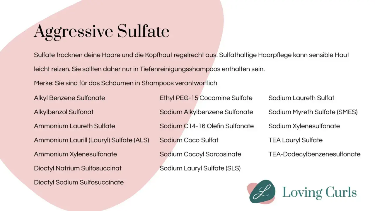 Liste aggressiver Sulfate, die Haare austrocknen und reizen können. Sie sind für Schaumbildung verantwortlich.