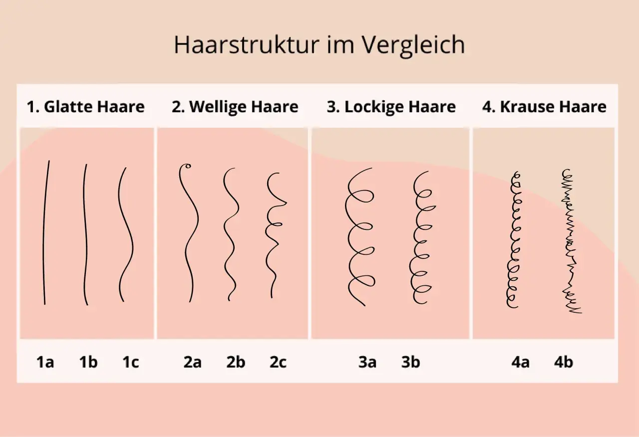Vergleich von Haartypen: glatt, wellig, lockig und kraus. Hilft, den eigenen haartyp bestimmen.