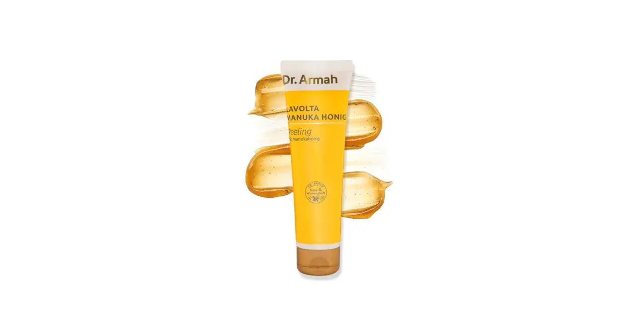Dr. Armah Manuka Honig Peeling für ein strahlendes Gesicht. Goldene Honig-Textur um die Tube.