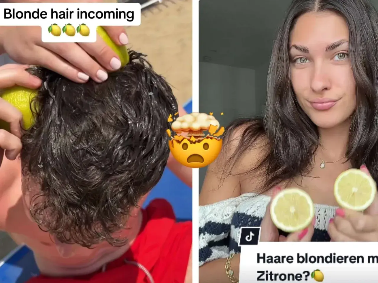 Vorher-Nachher-Vergleich: Dunkle Haare werden mit Zitronensaft aufgehellt.