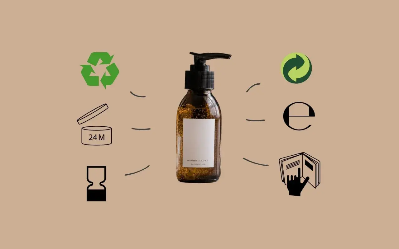 Braune Flasche mit Pumpspender, umgeben von Kosmetik Symbolen: Recycling, Haltbarkeit nach Öffnung (24M), E-Zeichen und Gebrauchsanweisung.